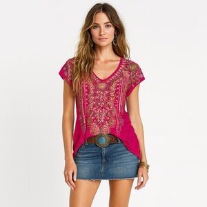 Johnny Was Karineh Tunic S Pomegranate Pink Floral Embroidered Boho Fairy Top